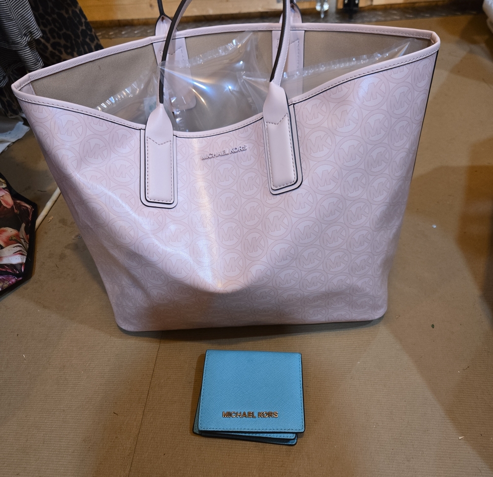 (2)Michael Kors Pale Pink Logo Tote with Light Blue Wallet